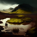 Bog Marsh Wetland Landscape Hill Quagmire Brown Water Green Grass Overcast Sky RPG Environment DND Generative AI