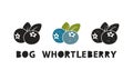 Bog whortleberry, silhouette icons set with lettering. Imitation of stamp, print with scuffs
