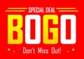 BOGO, Sale poster design template, buy 1 get 1 free, banner offer, spend up and save more, vector illustration