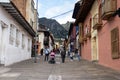 Bogota, Colombia - 2 Julio 2023. Beautiful colonial streets of La Candelaria neighborhood at the historical Bogota city center