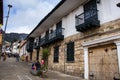 Bogota, Colombia - 2 Julio 2023. Beautiful colonial streets of La Candelaria neighborhood at the historical Bogota city center