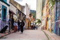 Bogota, Colombia - 2 Julio 2023. Beautiful colonial streets of La Candelaria neighborhood at the historical Bogota city center