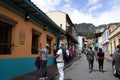 Bogota, Colombia - 2 Julio 2023. Beautiful colonial streets of La Candelaria neighborhood at the historical Bogota city center