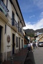 Bogota, Colombia - 2 Julio 2023. Beautiful colonial streets of La Candelaria neighborhood at the historical Bogota city center