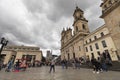 BOGOTA, COLOMBIA - AUGUST 14 OF 2022 7th avenue crossing the simon bolivar square with justices palace and primatial cathedral