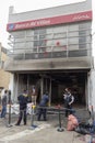 A Destroyed and burned bank at north o the city during Colombian Paro Nacional Marches