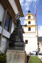 Bogota, Colombia - July 2023. Minerva statue at the entrance of the Luis Angel Arango library at La Candelaria neighborhood in