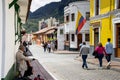 Bogota, Colombia - July 2nd 2023. Senior male musician performing on the streets of La Candelaria at the city center of Bogota