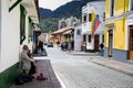 Bogota, Colombia - July 2nd 2023. Senior male musician performing on the streets of La Candelaria at the city center of Bogota