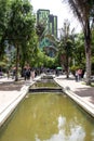 Bogota, Colombia - July 2nd 2023. View of the walking path and fountains of the Eje Ambiental in Bogota city center Royalty Free Stock Photo