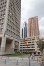 BOGOTA, COLOMBIA Low Angle view of and old building with modern skyscraper and brick buildings Royalty Free Stock Photo