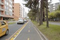 BOGOTA, COLOMBIA  New Bikepath at north of city with high pine trees near to a residential street Royalty Free Stock Photo