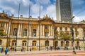 BOGOTA, COLOMBIA - OCTOBER, 11, 2017: Beautiful view of unidentified people walking in front of historic building San