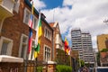 BOGOTA, COLOMBIA - OCTOBER, 11, 2017: Outdoor view unidentified peopl walking at the sidewalk in dowtown, Bogota