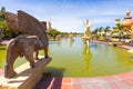 Bogota parque Jaime Duque winged lion statue at the edge of the fountain