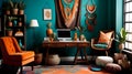 Bohemia Bliss: Eclectic Workspace with Earthy Browns, Vibrant Turquoise, and Bohemian Orange Accents