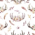 Tribal seamless pattern of watercolor floral boho antler print. western boho decoration. Hand drawn vintage deer horns Royalty Free Stock Photo