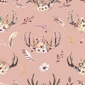 Tribal seamless pattern of watercolor floral boho antler print. western boho decoration. Hand drawn vintage deer horns Royalty Free Stock Photo