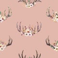 Tribal seamless pattern of watercolor floral boho antler print. western boho decoration. Hand drawn vintage deer horns Royalty Free Stock Photo