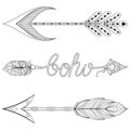 Bohemian Arrows set with feathers. Hand drawn Arrows set for ad