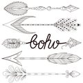 Bohemian Arrows set with henna feathers. Hand drawn zentangle Ar