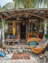 Bohemian beach hut with colorful fabrics hammocks Royalty Free Stock Photo