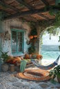 Bohemian beach hut with colorful fabrics hammocks Royalty Free Stock Photo