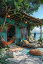 Bohemian beach hut with colorful fabrics hammocks Royalty Free Stock Photo