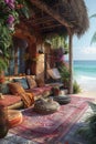 Bohemian beach hut with colorful fabrics hammocks Royalty Free Stock Photo