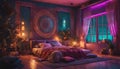 A bohemian bedroom with neon lights creating a vibrant and artistic