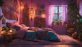 A bohemian bedroom with neon lights creating a vibrant and artistic