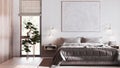 Bohemian bleached wooden bedroom in white and beige tones, close up. Double bed, pine bonsai, parquet floor and window. Japandi