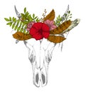 Cow, buffalo, bull skull in tribal style with flowers. Bohemian, boho vector illustration. Wild and free ethnic gypsy