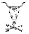 Cow, buffalo, bull skull in tribal style with flowers. Bohemian, boho vector illustration. Wild and free ethnic gypsy