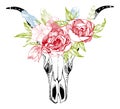 Cow, buffalo, bull skull in tribal style with flowers. Bohemian, boho vector illustration. Wild and free ethnic gypsy