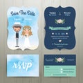 Bohemian cartoon couple on the beach wedding card template set