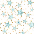 Bohemian christmas golden and turquoise stars seamless repeat pattern