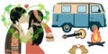 Bohemian couple campfire campervan vector illustration