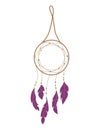 Bohemian dreamcatcher with purple feathers and colorful beads. Native American cultural decoration. Artistic interior