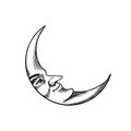 Bohemian esoteric sketch. Crescent moon with a face. Vintage engraving sketch for tattoo, tarot or astrology stickers Royalty Free Stock Photo