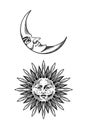 Bohemian esoteric sketch. Sun and a Crescent moon with a face. Vintage engraving sketch for tattoo, tarot or astrology