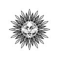 Bohemian esoteric sketch. Sun with a face. Vintage engraving sketch for tattoo, tarot or astrology stickers. Doodle