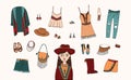 Bohemian fashion style set. Boho and gypsy clothes, accessories collection. Colorful hand drawn illustration.