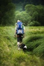 BOHEMIAN FOREST, CZECH REPUBLIC, August 2016: The Man Going through the Grass with Son in Baby Carrier. Dog Black and White Borde