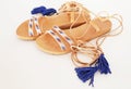 Bohemian greek leather sandals in blue and turquoise colors