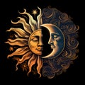 Bohemian hand drawing, esoteric sketch. Golden sun and a crescent moon with a face. Design for tattoo, astrology, stickers, tarot.