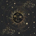 Bohemian hand drawing, golden engraving stylization Sun and crescent moon face. Design for astrology, tarot. Royalty Free Stock Photo