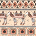 Bohemian hand-drawn seamless pattern with camel and beduin ornaments. African tribal style Royalty Free Stock Photo