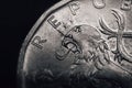 Bohemian heraldic lion on Czech koruna coin. Financial concept.
