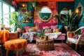 bohemian home, with bold patterns and vibrant colors, bringing the outdoors inside